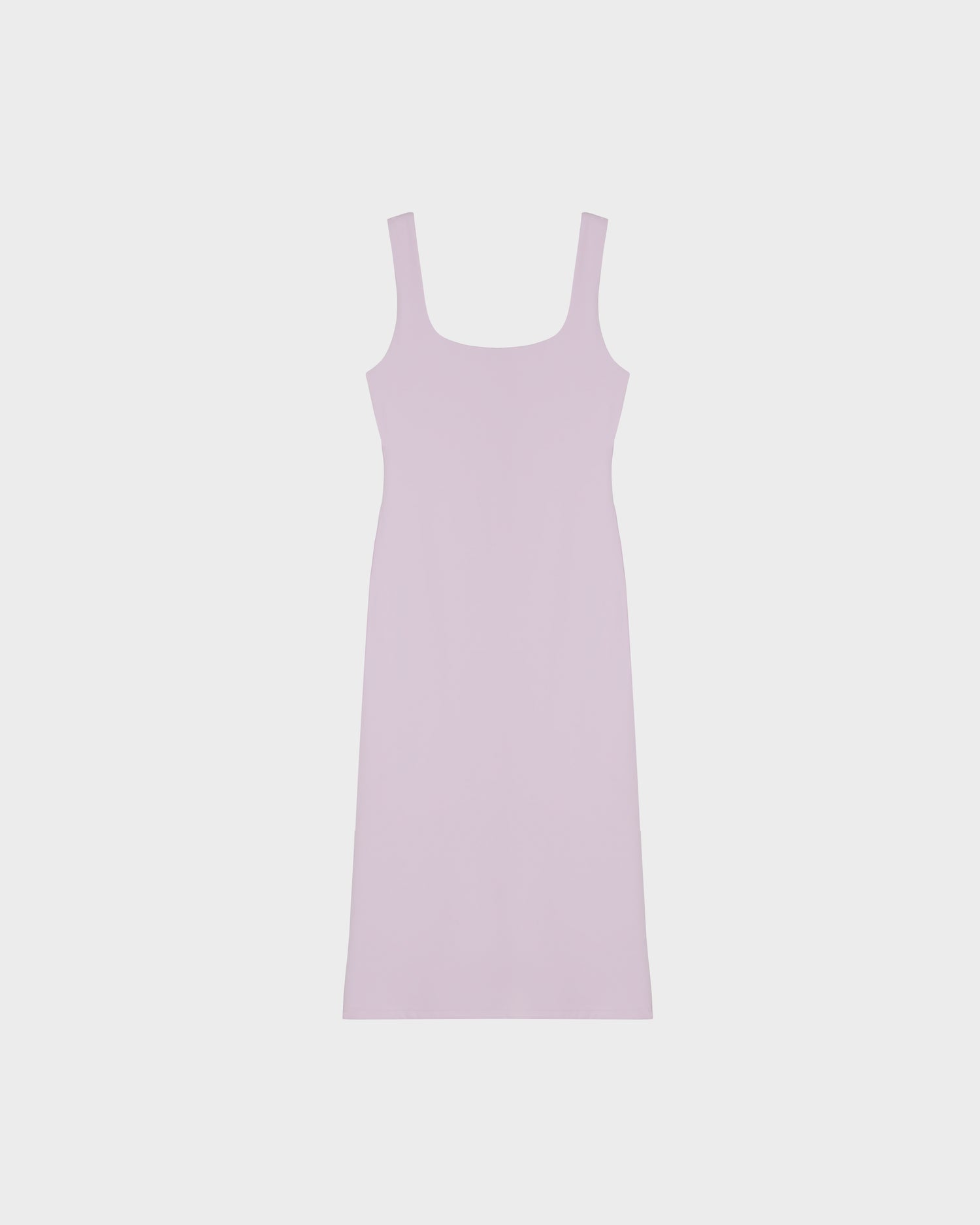 The Rudsak SIMONE - 8524065 Lilac Foam is a sleeveless women’s midi dress in light pink with wide straps and a scoop neckline, made from stretch performance fabric, shown on a white background.