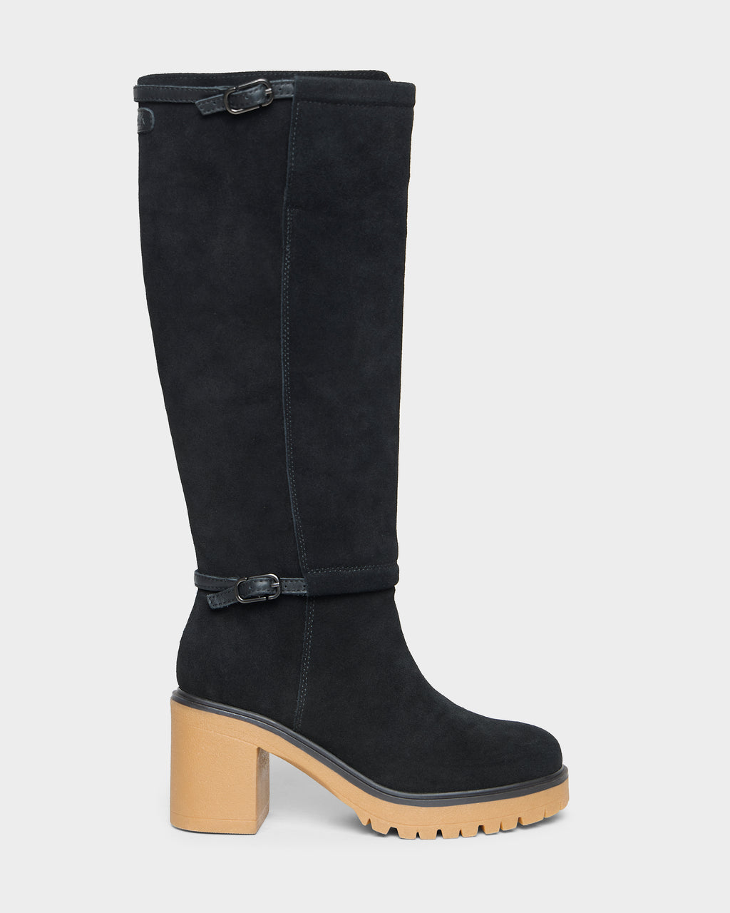 Rudsak STEPRA - 8226524 Black knee-high boot featuring two thin buckle straps and a chunky tan platform heel.