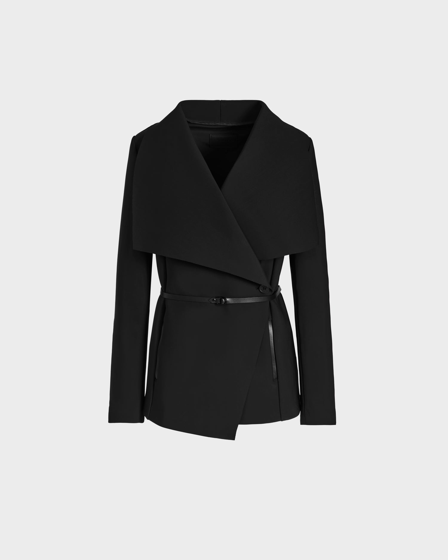 The Rudsak SABRINA - L125016 Black women's jacket features a wide, asymmetrical draped collar and a thin vegan leather belt at the waist, shown against a plain light gray background.