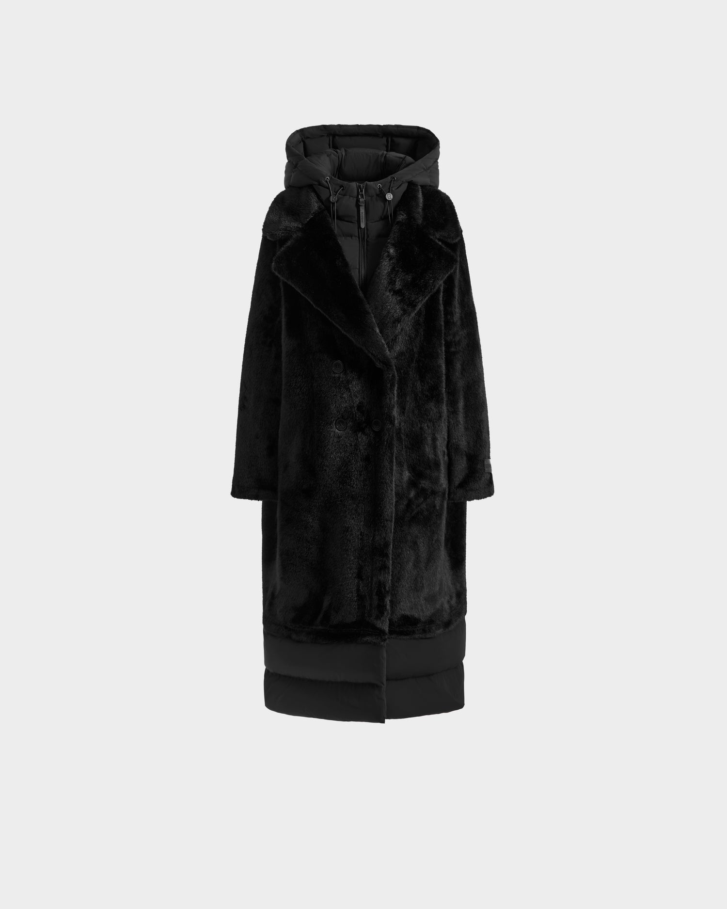 The SIENA - 8125542 Black women’s faux fur coat by Rudsak features a long black design with a wide collar, hooded inner layer, relaxed fit, and padded hem and sleeves—perfect for winter and shown against a plain white background.