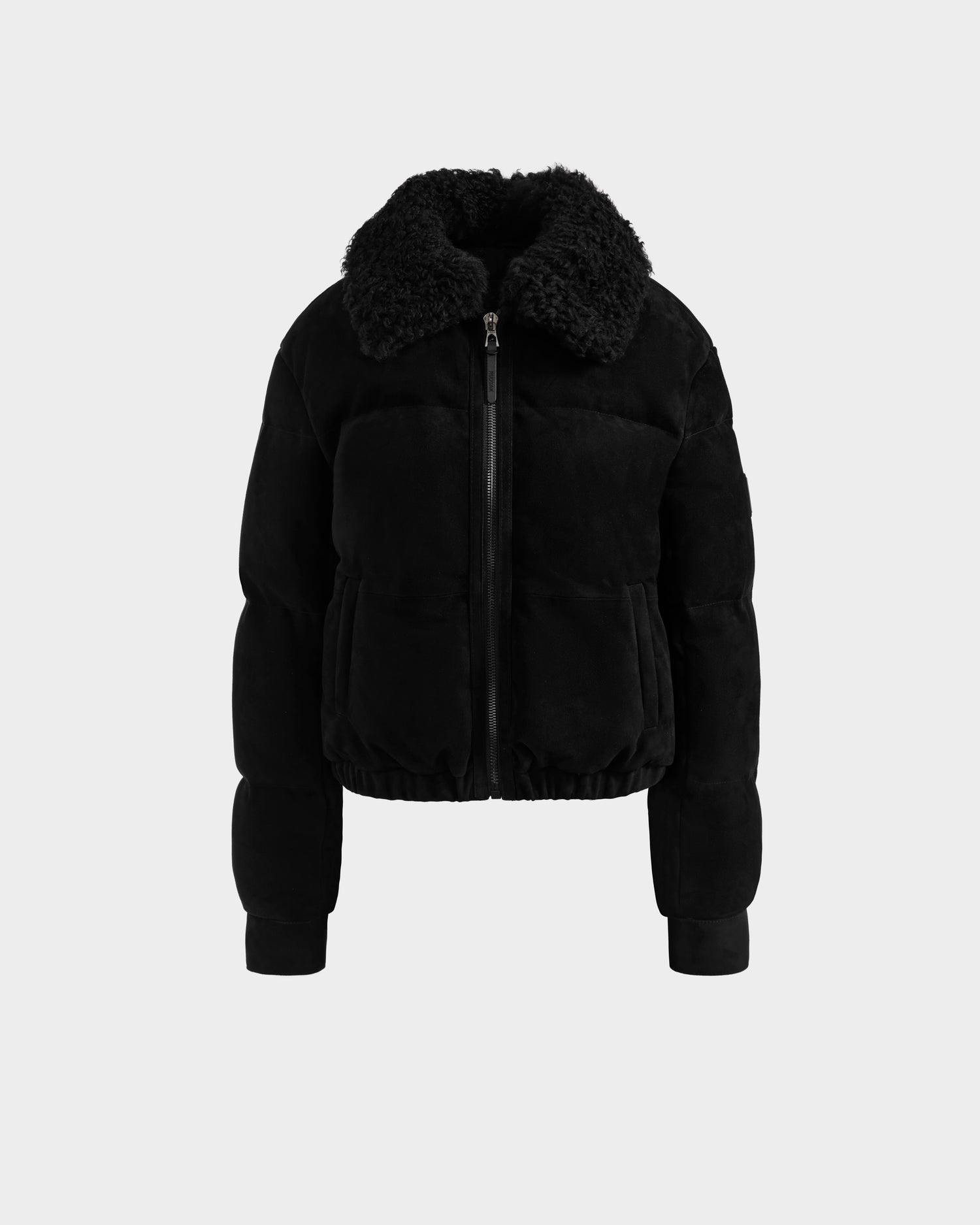 Rudsak STACEY - 8125049 Black women’s aviator jacket featuring a front zipper, two side pockets, and a large textured shearling collar, shown against a plain light gray background.