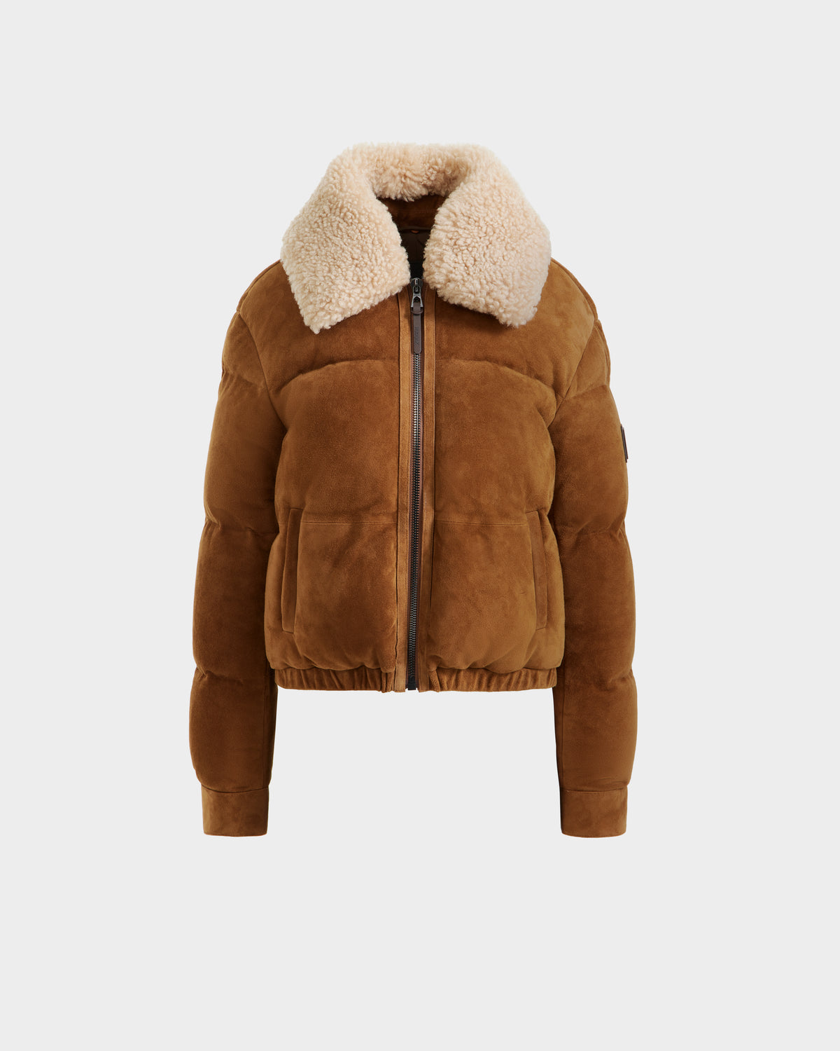 The Rudsak STACEY - 8125049 Mocha is a brown suede aviator jacket with two side pockets, front zipper, and a large off-white shearling collar, shown on a plain white background.