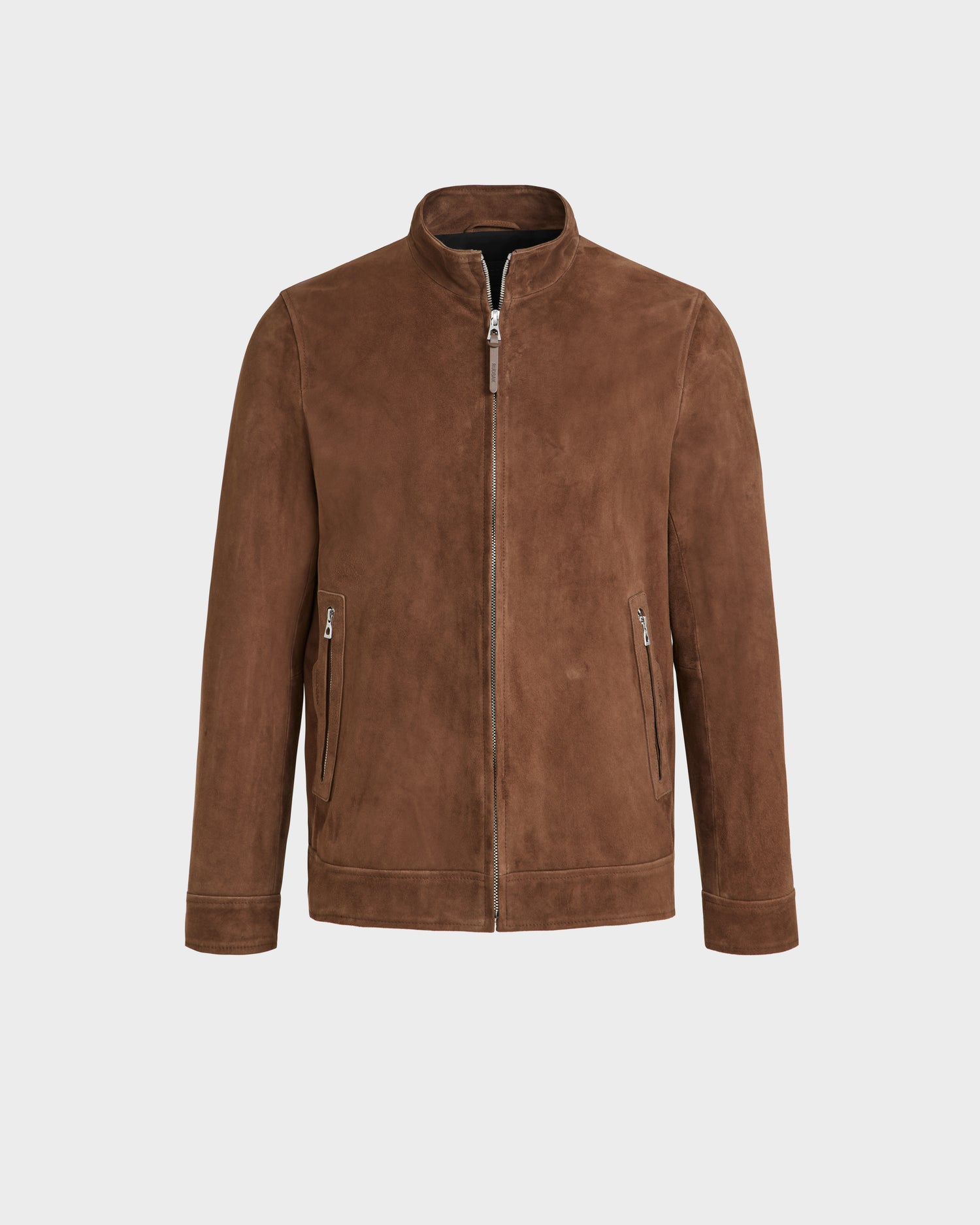 The Rudsak STEVEN SU - 6125584 Mocha men's suede jacket features a stand collar, front zipper closure, zippered side pockets, and long sleeves, shown on a plain white background.