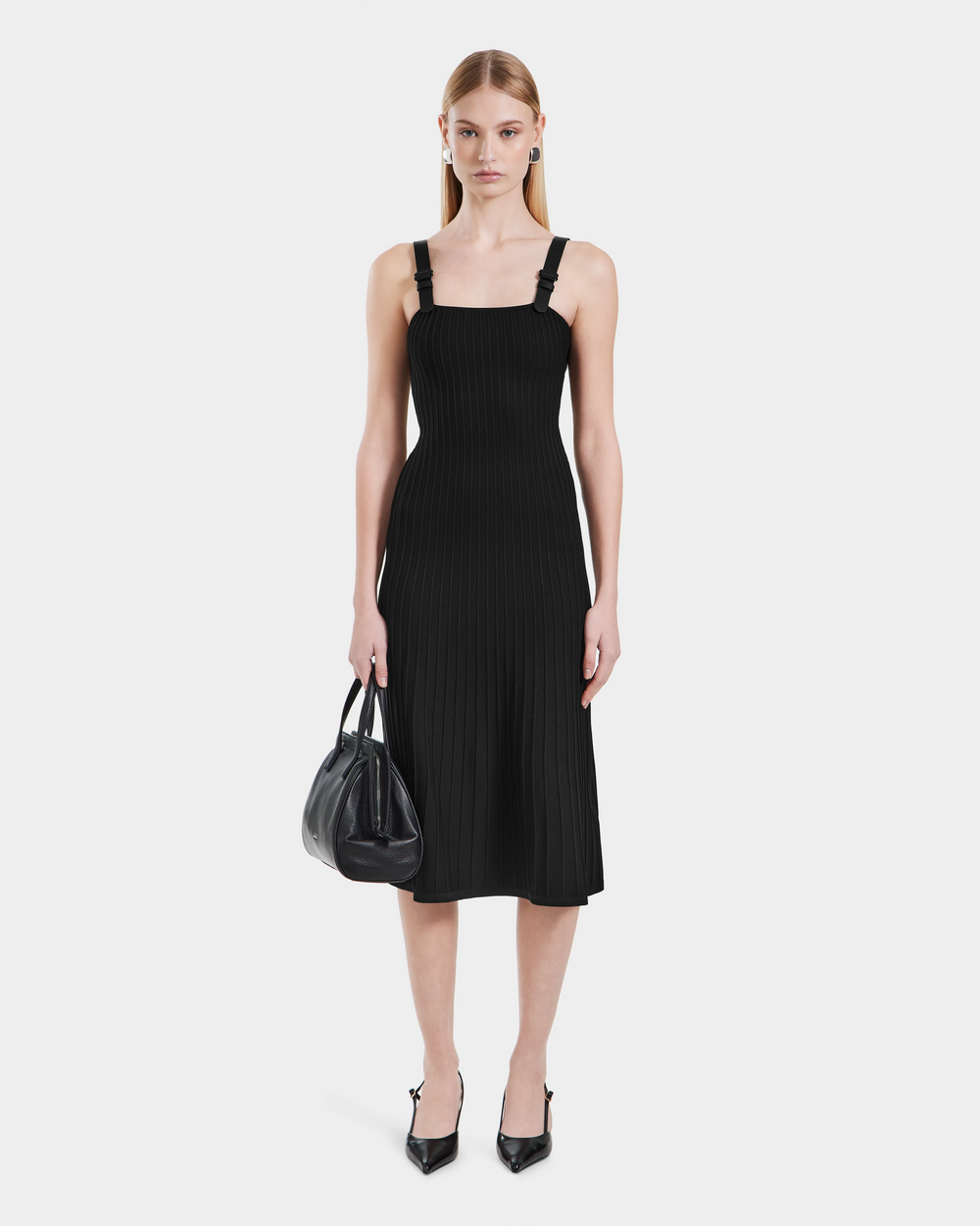 womens black knitted dress BENICIA Black Knit Pleated Midi Dress