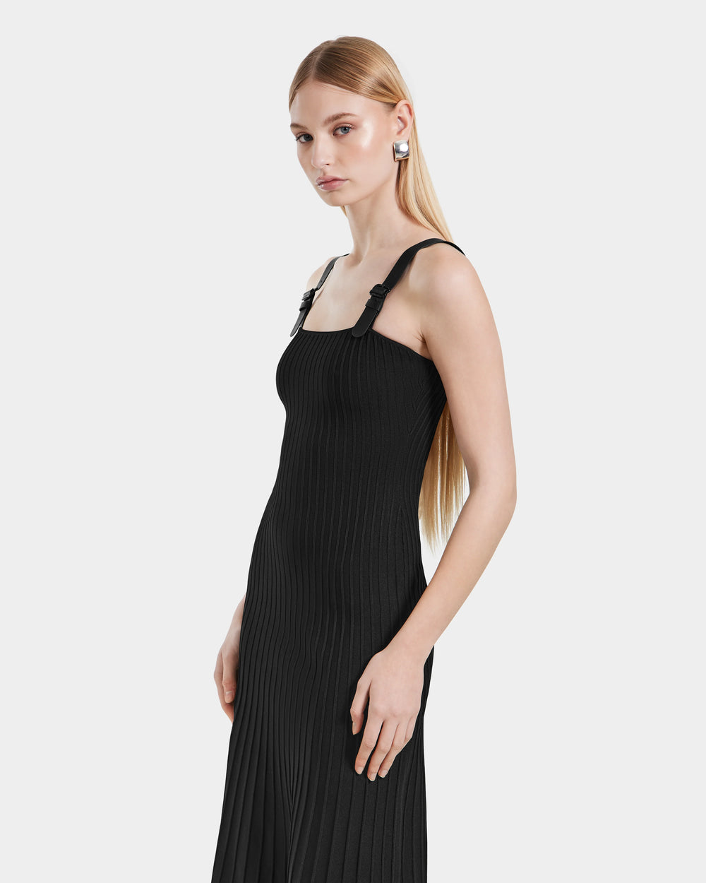 BENICIA Black Knit Pleated Midi Dress | Vegan Leather Strap