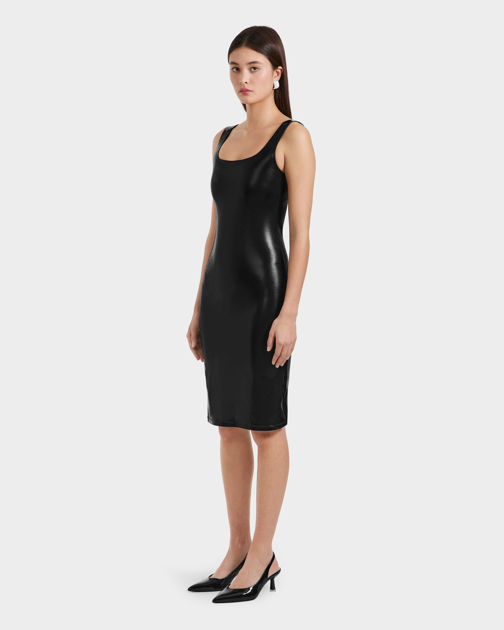 shiny midi dress Rudsak Diana Women's Shiny Midi Dress With Patent Strap Detail (XL / Mosaic Black)