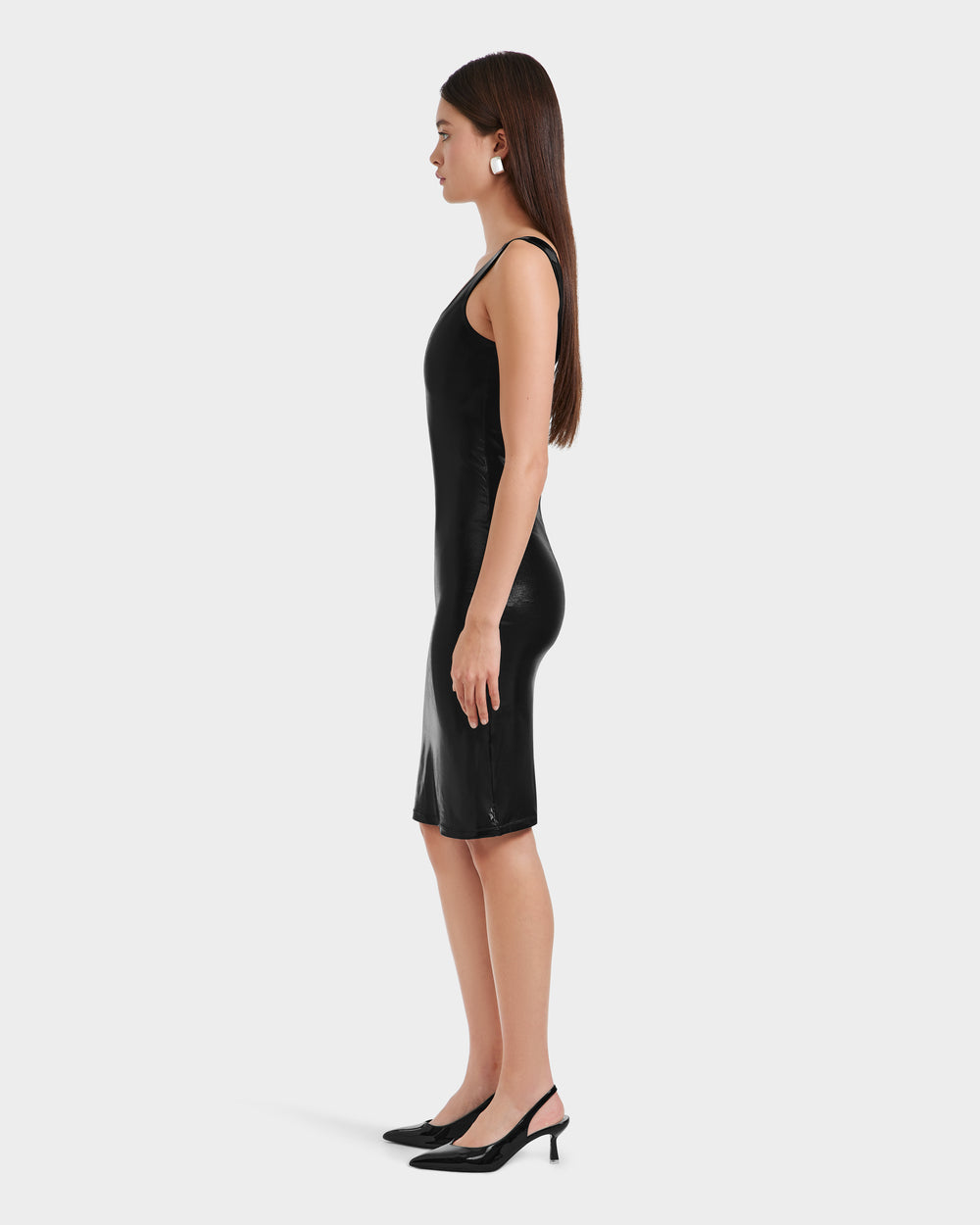 black shiny midi dress Rudsak Diana Women's Shiny Midi Dress With Patent Strap Detail (XL / Mosaic Black)