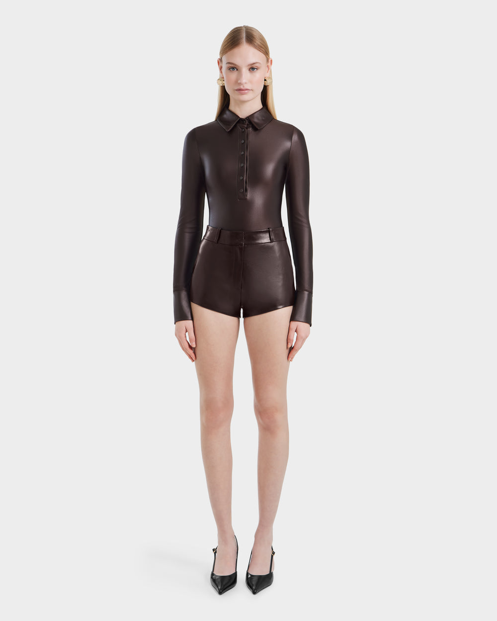 RUDSAK SHELLY Women's Shiny Stretch Shirt Bodysuit - Polished
