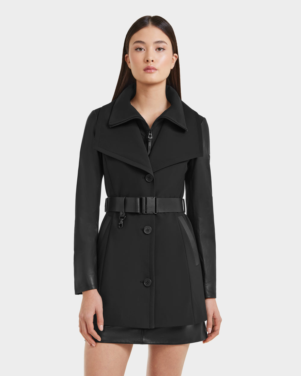 SKYLAR RUDSAK Black Wrap Coat | Elegant Leather Sleeves 2-in-1