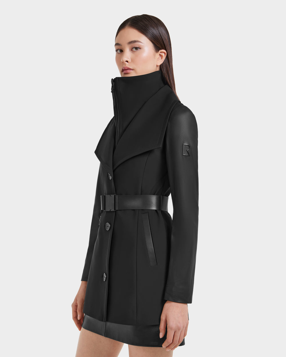 SKYLAR RUDSAK Black Wrap Coat | Elegant Leather Sleeves 2-in-1