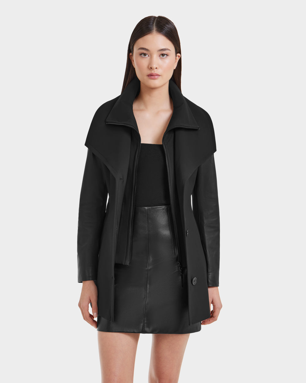 ミンギュ sector17 タワレコ ラキドロ SKYLAR RUDSAK Black Wrap Coat | Elegant Leather Sleeves 2-in-1