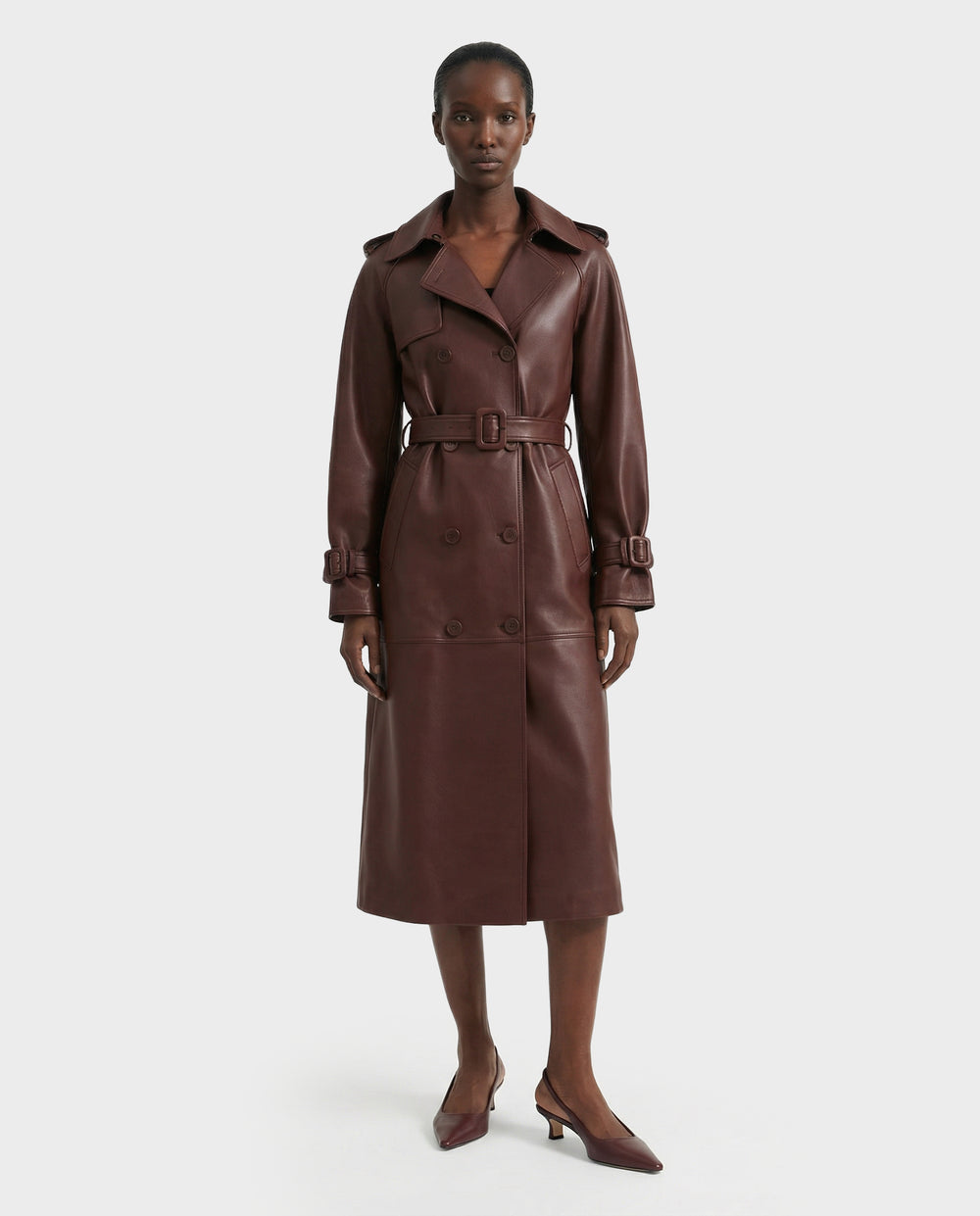 CASSIE L-B Rust Bonded Leather Trench Coat | Timeless Women's