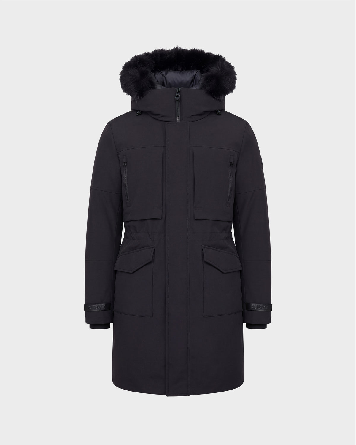 Rudsak TROY - 6126504 Black recycled-nylon winter parka with a faux-fur trim, featuring multiple flap and zippered pockets.