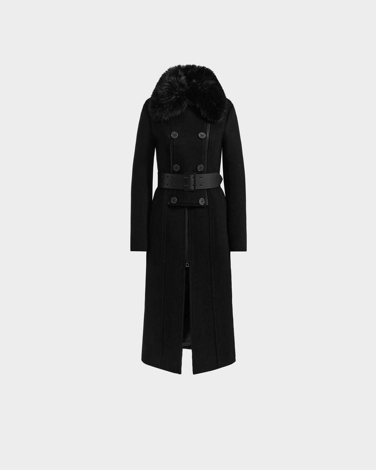 The Rudsak VIRGINIE - 8125698 Black is a women’s long peacoat with a double-breasted design, belted waist, and removable wide faux fur collar in a cozy wool blend, shown on a plain light gray background.