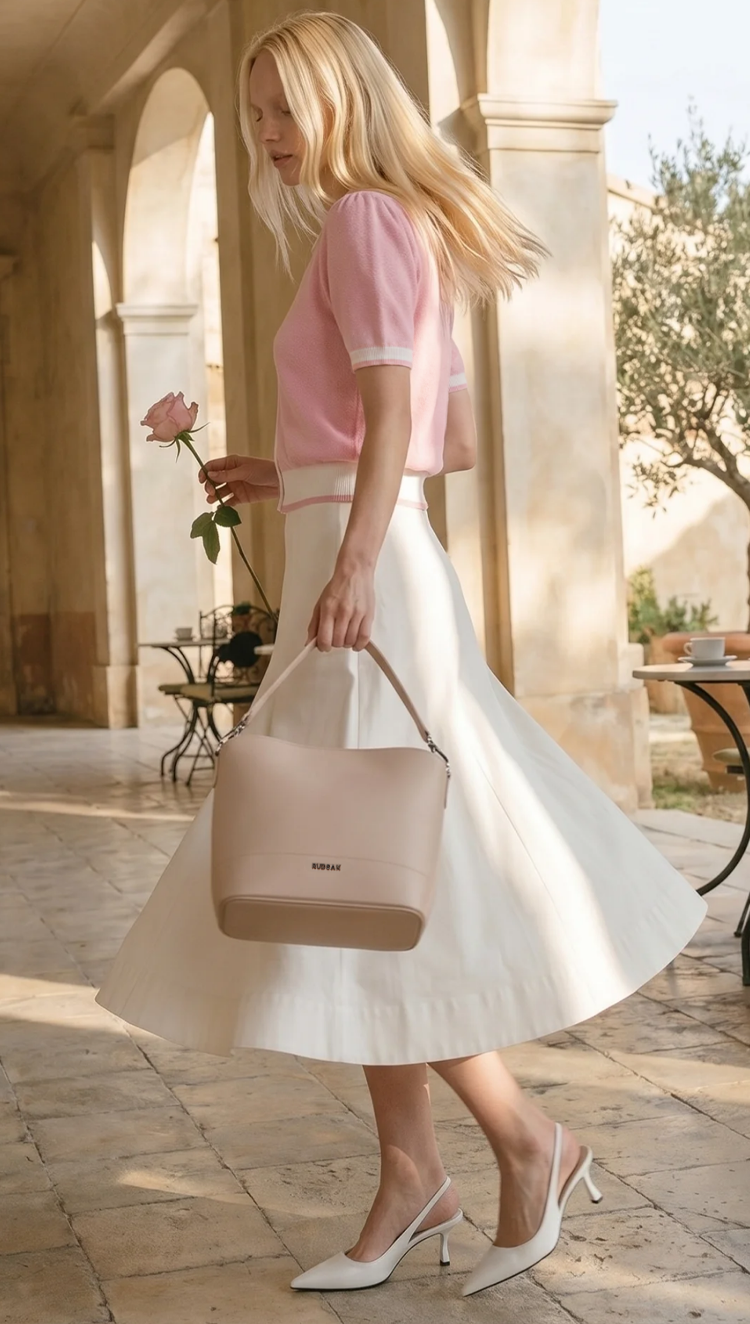 Woman in a pink top and white skirt holding a beige handbag in an outdoor setting.