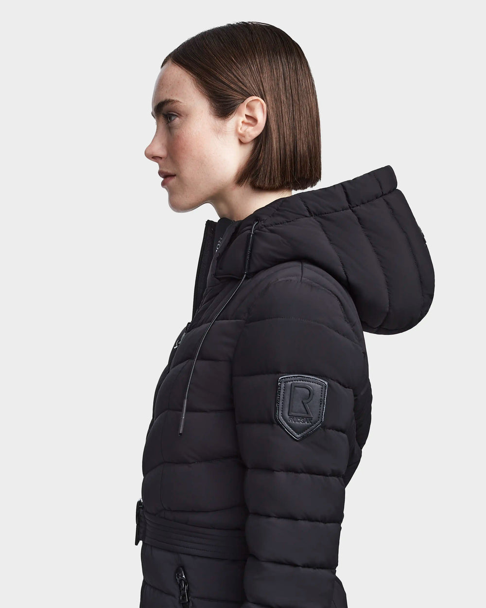 Waisted padded jacket with hood navy ladies