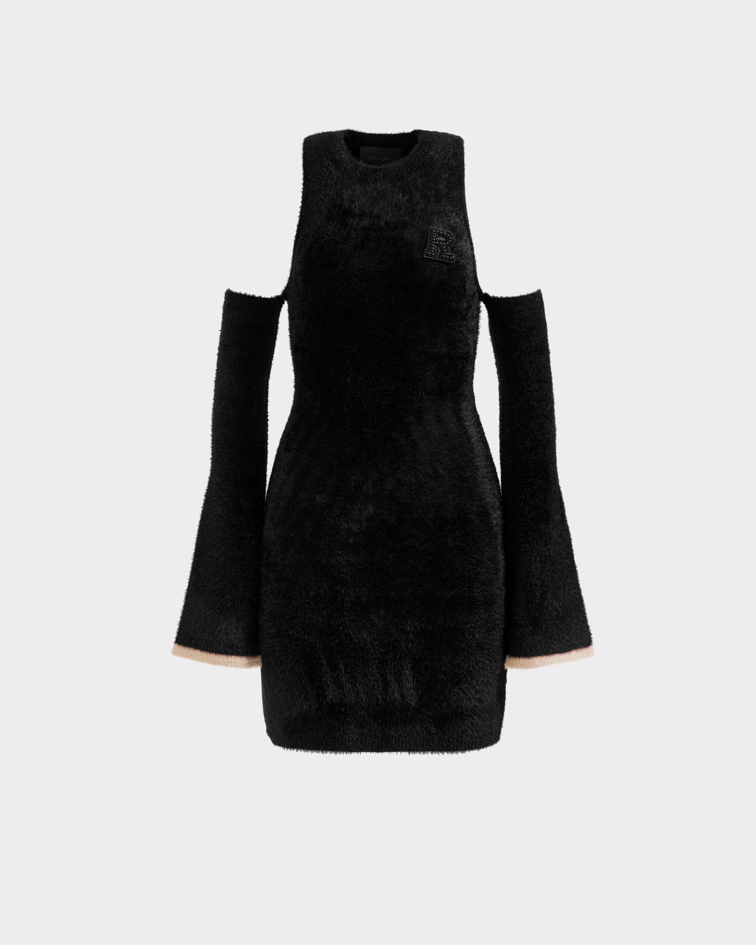 The ZARAH - 8525696 Black by Rudsak is a black, sleeveless fuzzy knit dress with cut-out shoulders and matching detached long sleeves, shown on a plain light background—ideal for chic après-ski style.