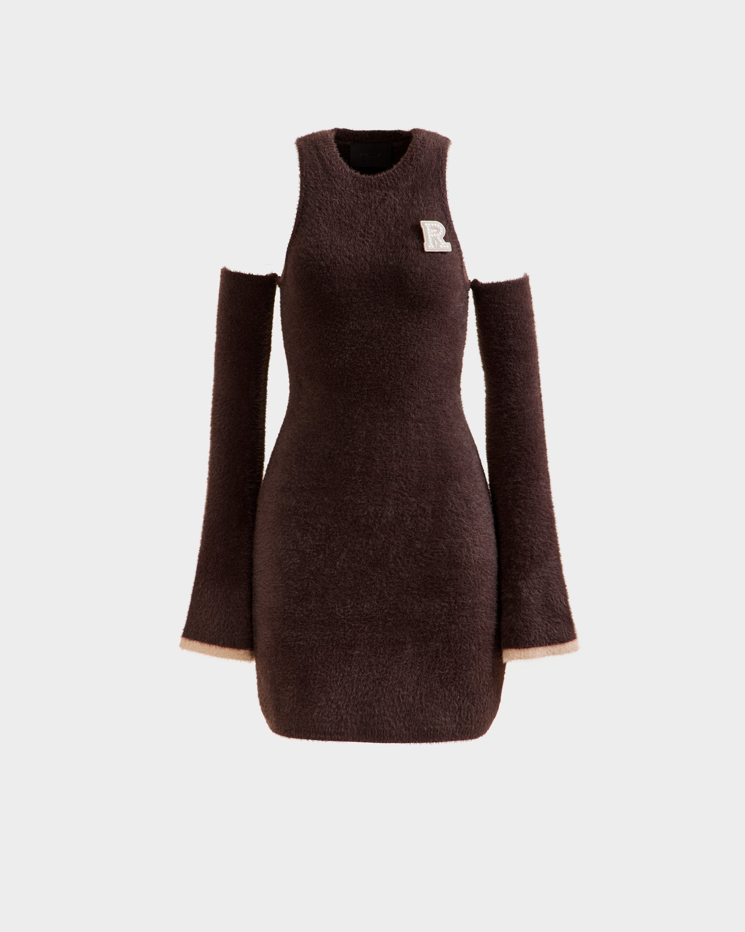 The ZARAH - 8525696 Espresso by Rudsak is a brown sleeveless fitted fuzzy knit dress with detachable long sleeves, textured fabric, and a light R patch on the chest for versatile styling.