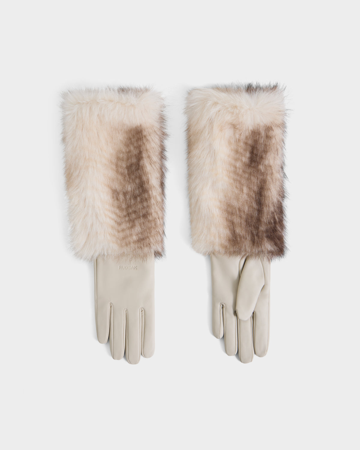 A pair of Rudsak ZAYLA - 8426712 Vanilla beige gloves with long, fluffy, light brown and cream faux fur cuffs is laid flat on a white background.