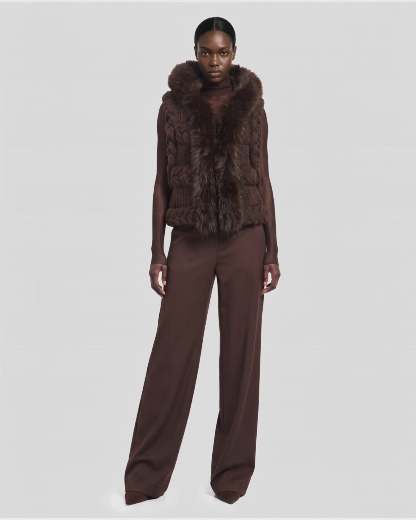 CICELY Espresso Knit Vest – Faux Fur Hood
