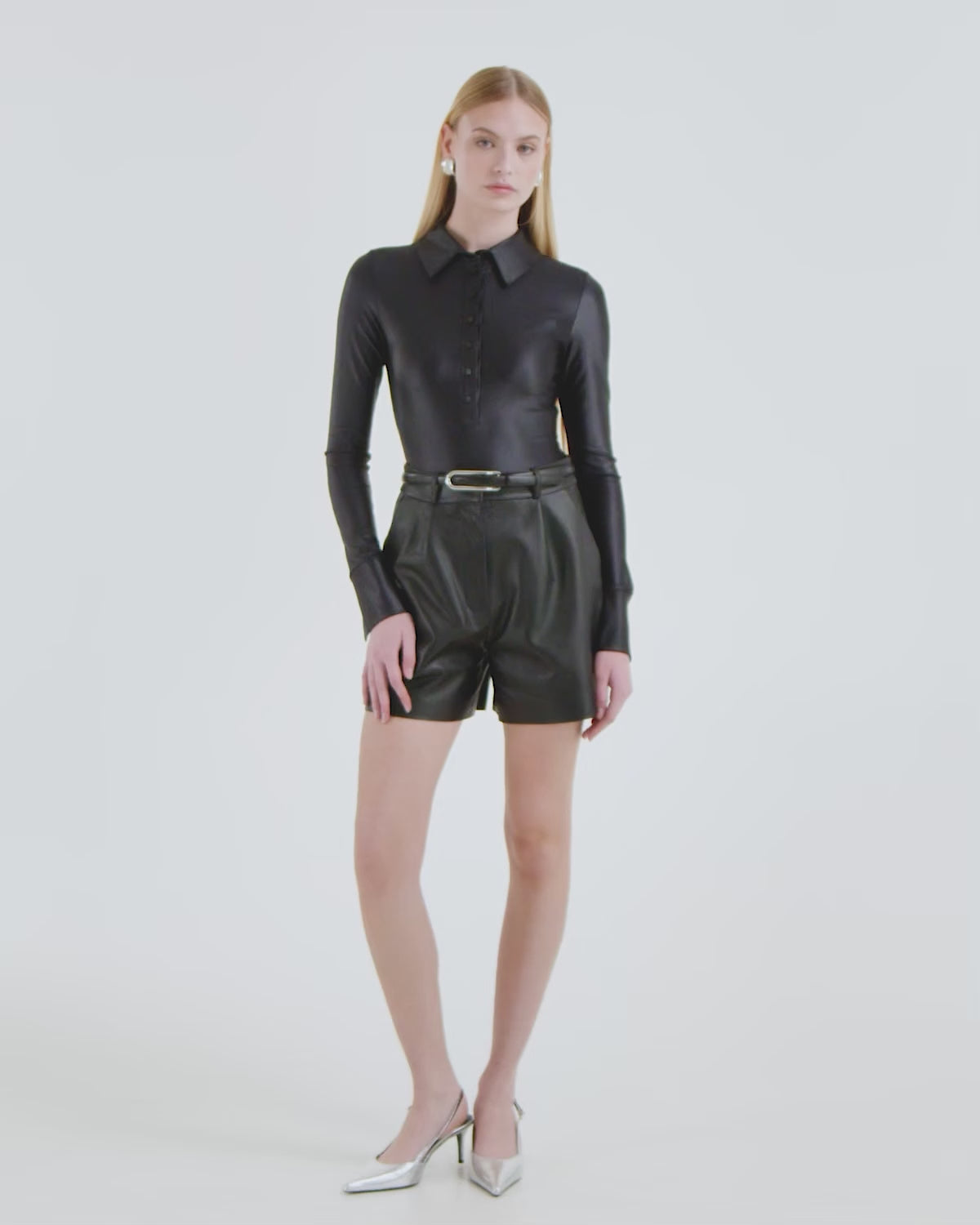 SHELLY Black Women's Shirt Bodysuit | Sleek, Shiny Stretch Style