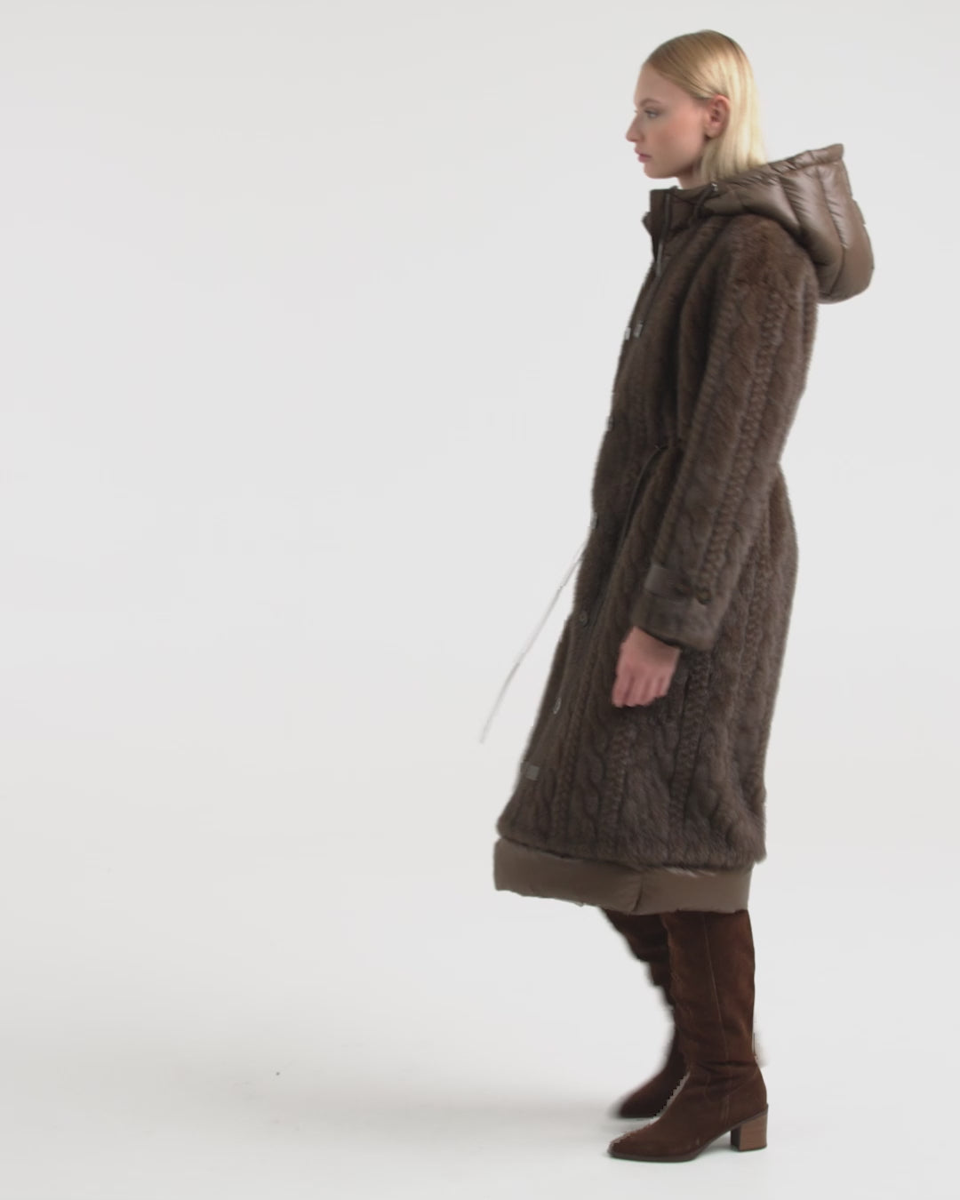 RUDSAK ORIANA Women's Faux Fur Longline Coat - Mocha Cable Knit