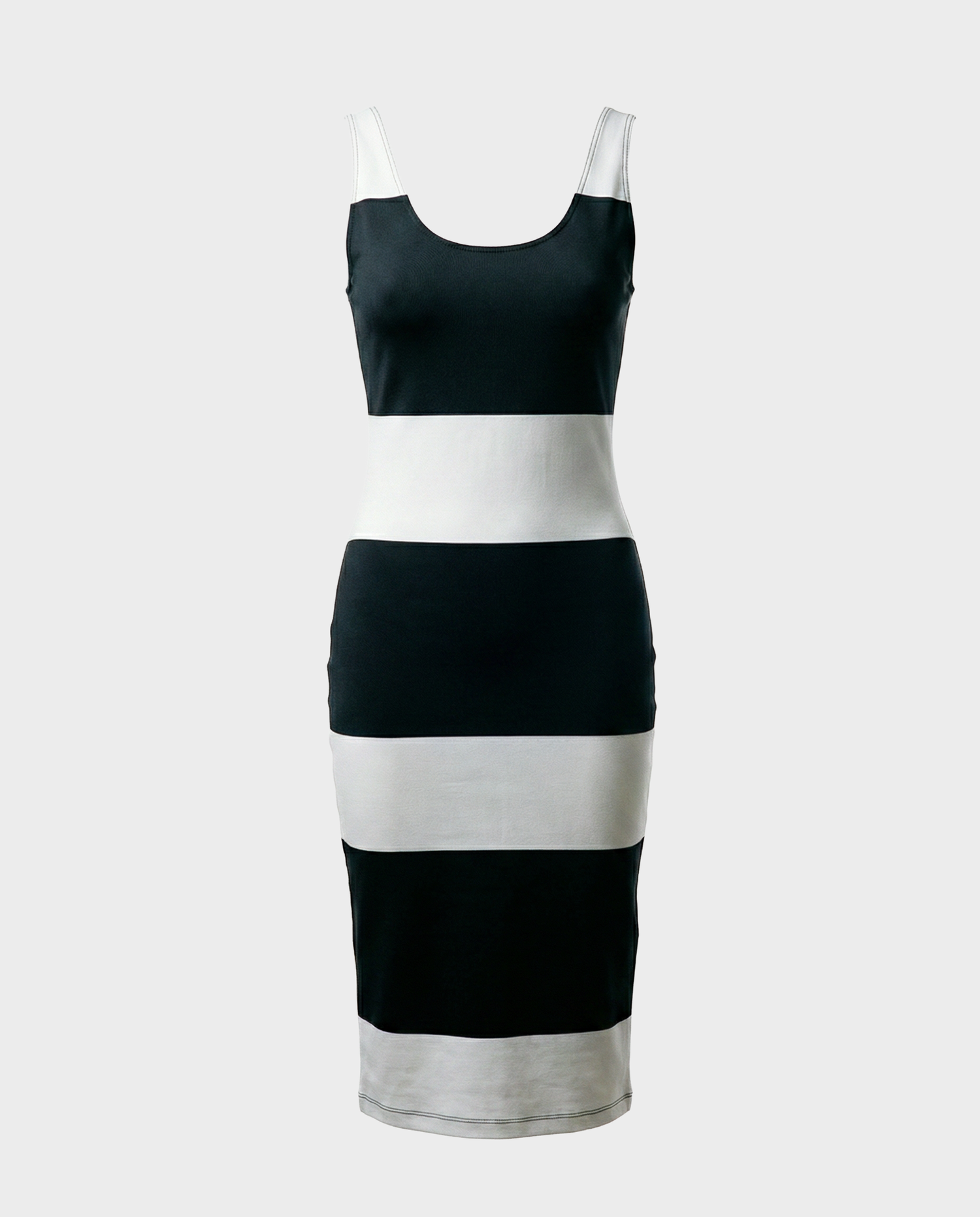 The DENISE - L523027 Optic White by Rudsak is a sleeveless, knee-length bodycon dress with wide black and white stripes, shown on a light gray background.
