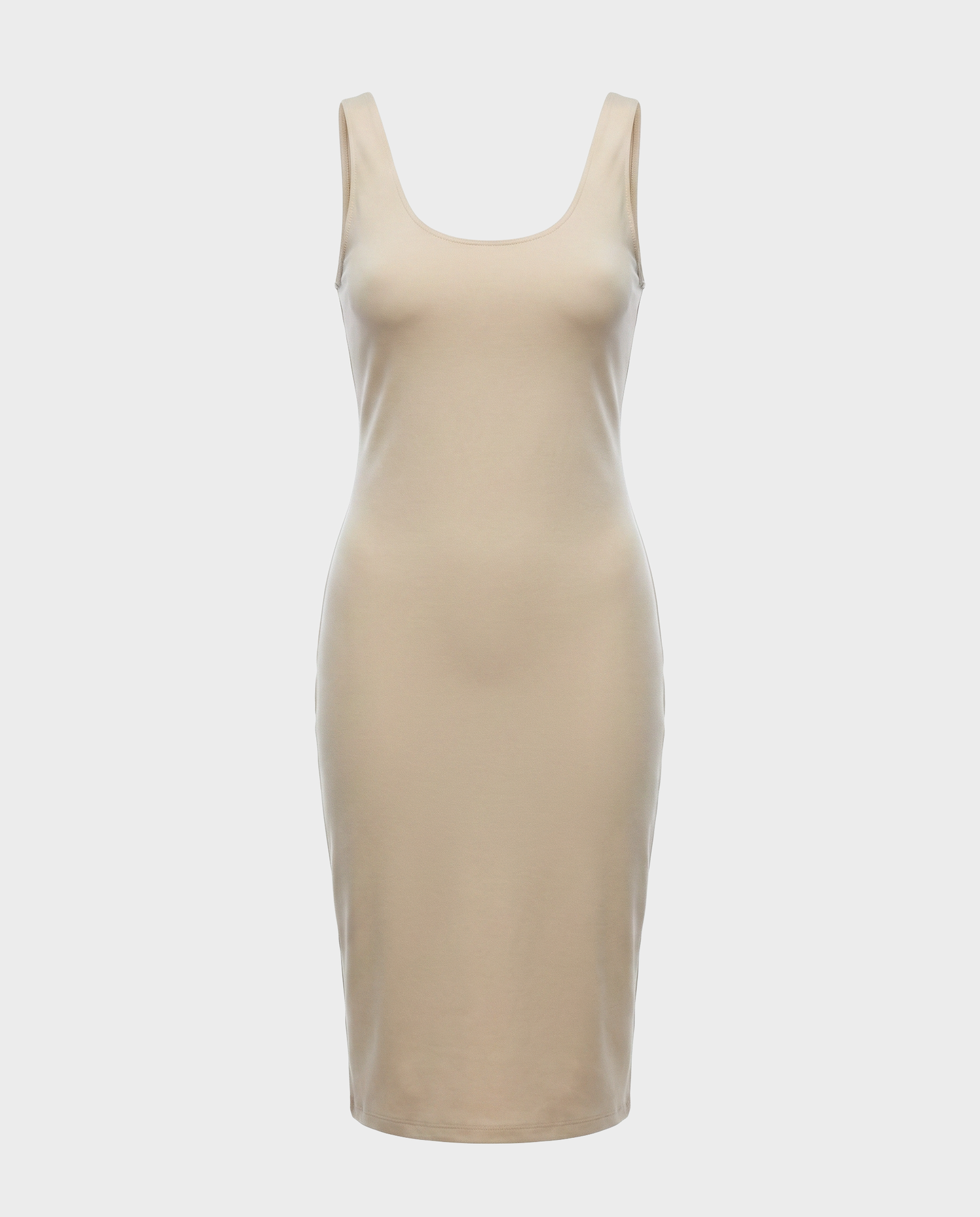 The Rudsak DENISE - L523027 Cream is a sleeveless, fitted beige midi dress with a scoop neckline, shown on a plain white background.