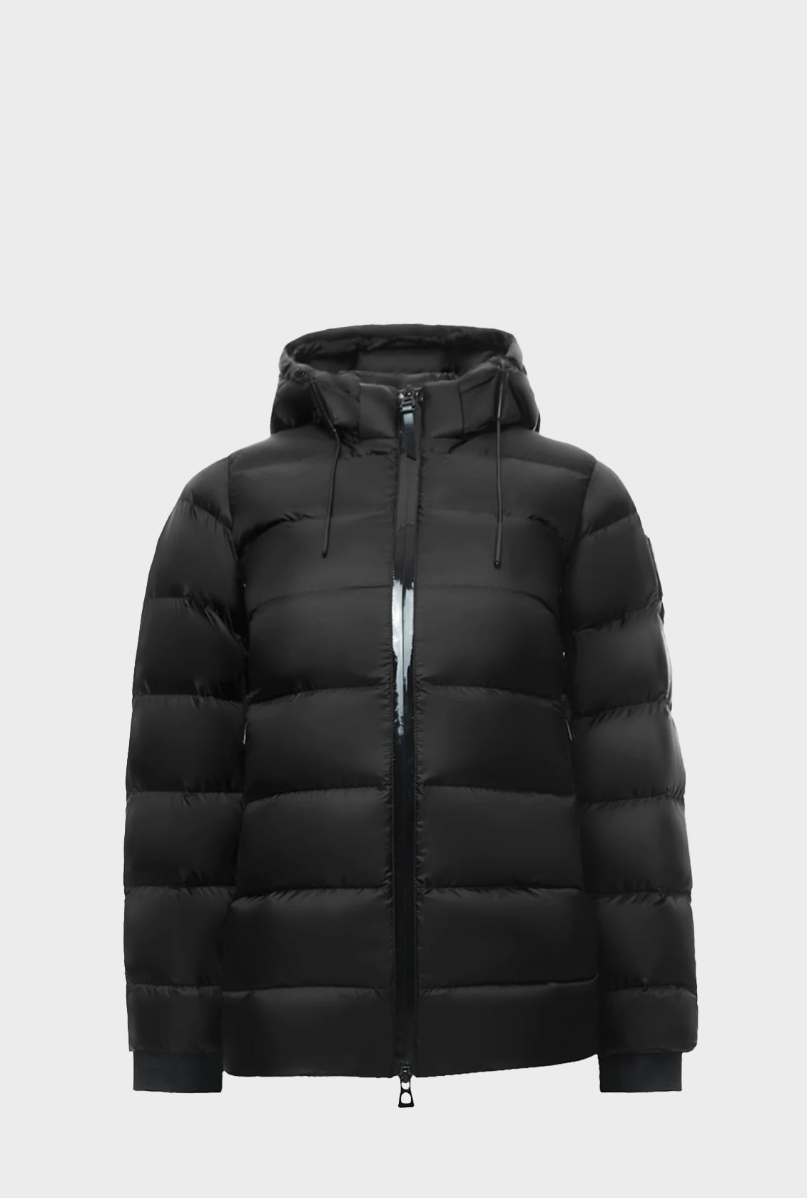 The MILIA JR - BLACK K122503 by Rudsak is a kids’ black down winter puffer jacket with a hood, front zipper, and horizontal quilting, shown on a plain light gray background.